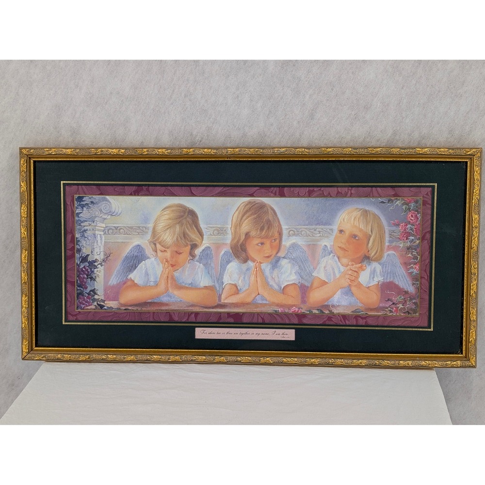 Home Interiors Framed Angel Art Matthew 18:20 Praying Cherubs Gold Frame Sisters
